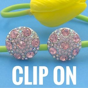 Pink Rhinestone Round Clip On Earrings